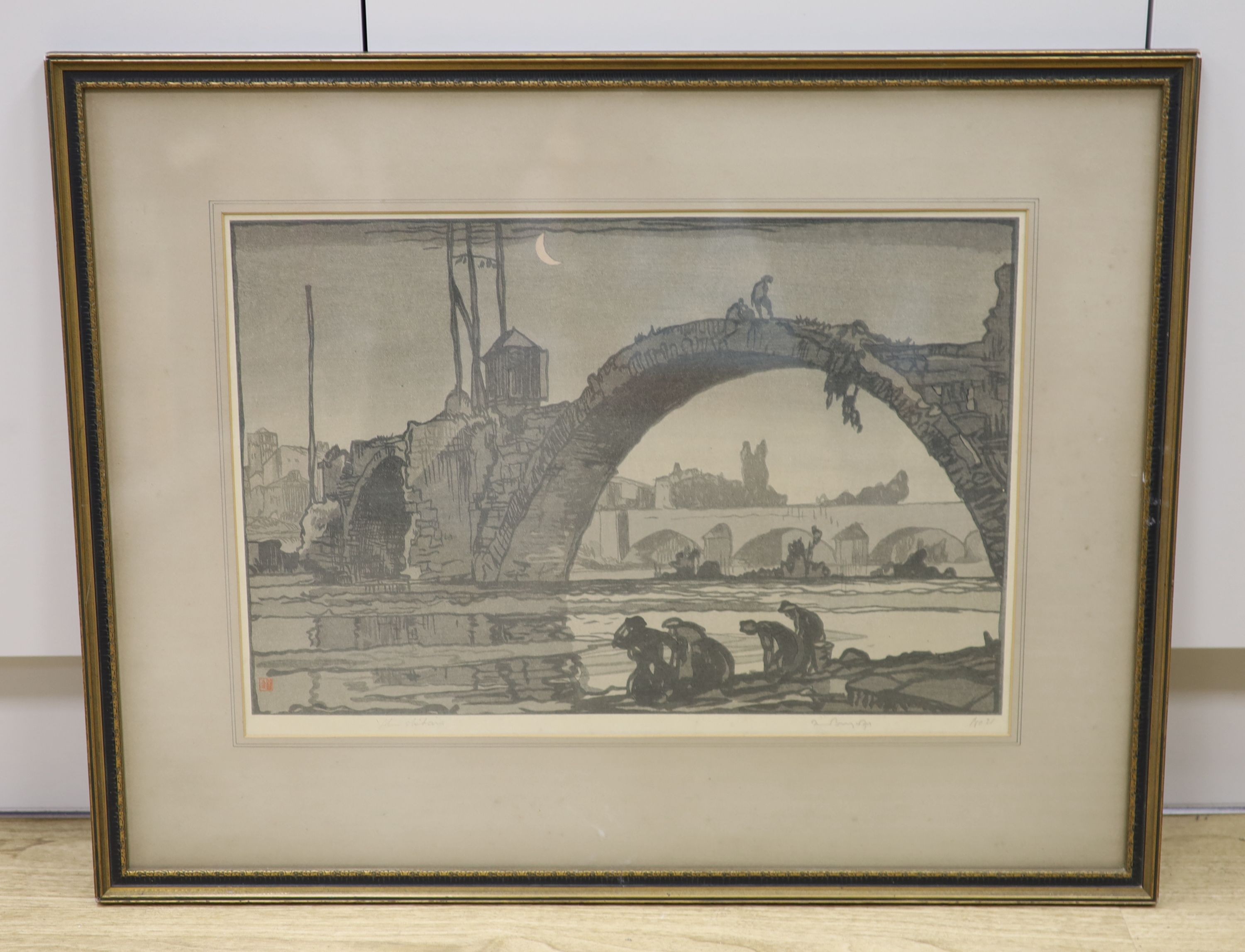 Frank Brangwyn (1867-1956) and Yoshijiro Urushbara (1888-1953), ‘’Ruins of a Roman bridge over the Loire at Brive-Charensac’’, woodblock print, 33 x 51cms.